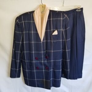 Elegant Navy Checkered Blazer with Pink Details